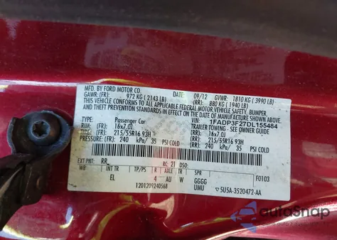 2013 Ford Focus Se из США, поврежденный, VIN 1FADP3F27DL155484